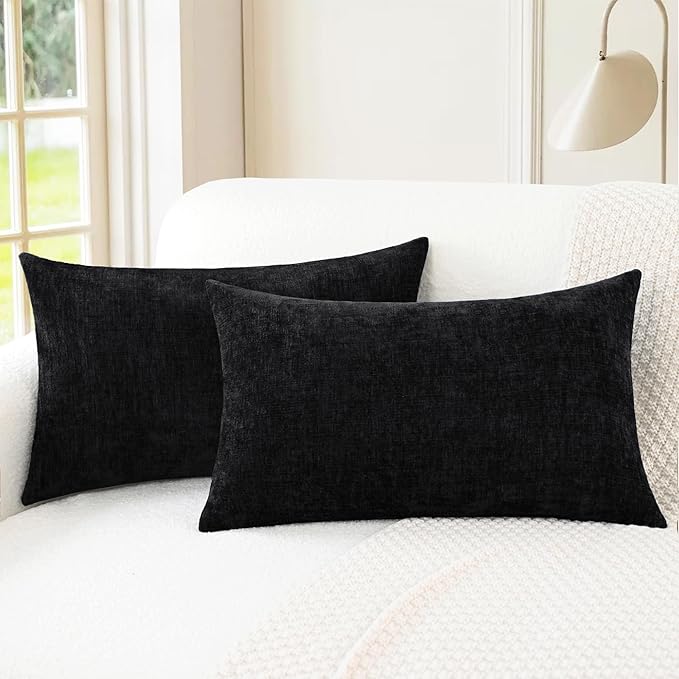 CaliTime Throw Pillow Covers Decorative 12 X 20 Inches Pack of 2 Cozy Chenille Cushion Cases for Couch Sofa Bed Living Room Home Black