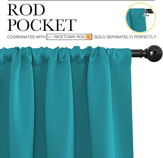 NICETOWN Peacock Blue Blackout Curtains Panels for Window, Thermal Insulated Rod Pocket Blackout Drapes/Draperies for Living Room (2 Panels, W34 x L84 inches)