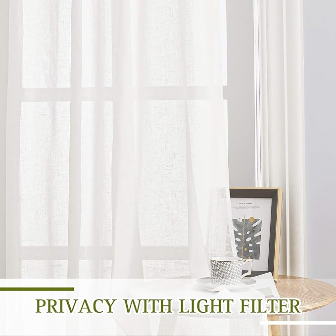 NICETOWN Linen Sheer Curtain 100 Inch Wide Privacy for Patio Door (W100 x L96), Grommet Sheer Linen Curtain Flax Texture Privacy with Light Penetration for French Door/Living Room, Ivory, 1 Panel