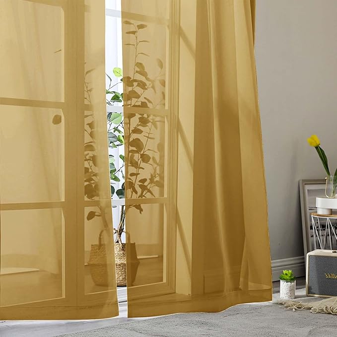Extra Long Sheer Gold Curtains for Bedroom Living Room 108 Inches Long 2 Panels Set, Solid Soft Light Filtering Rod Pocket Sheer Window Curtains, Gold, Each 42" Wx108 L Inch