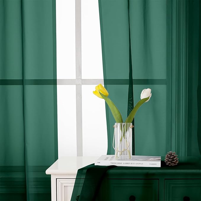 Lecloud Hunter Green Sheer Curtains 63 Inch Length 2 Panels Set, Voile Solid Window Curtains for Bedroom Light Filtering Living Room Drapes with Rod Pocket, Each Panel 42 X 63 Inch