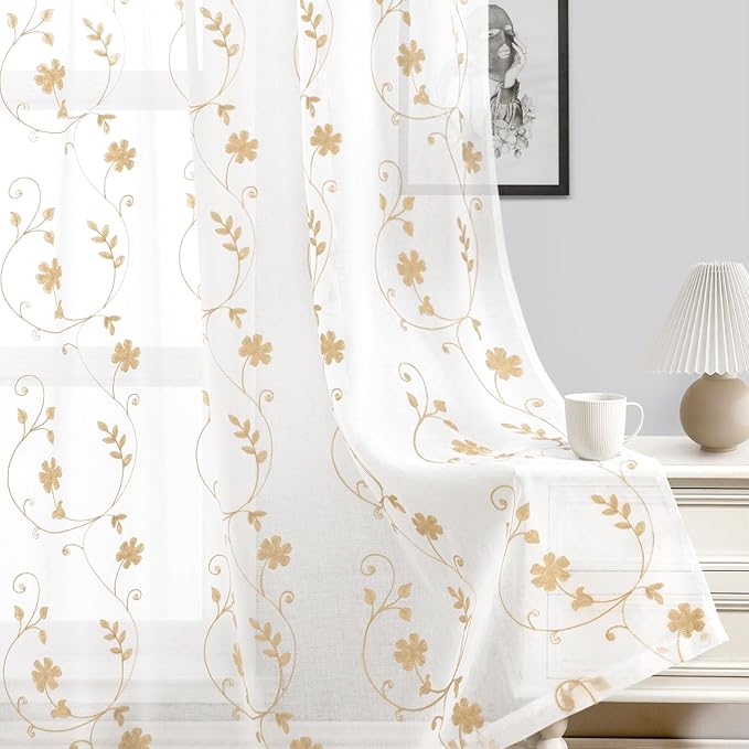 HOMEIDEAS Yellow Sheer Curtains 84 Inches Long 2 Panels Yellow and White Embroidered Floral Pattern Semi Sheer Window Curtains for Bedroom Living Room