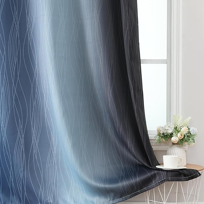 Estelar Textiler Black and Navy Blue Ombre Blackout Curtains 45 Inches Long, Full Room Darkening Gradient Drapes for Kitchen, Thermal Insulated Grommet Short Curtains for Bathroom, 42Wx45L, 2 Panels