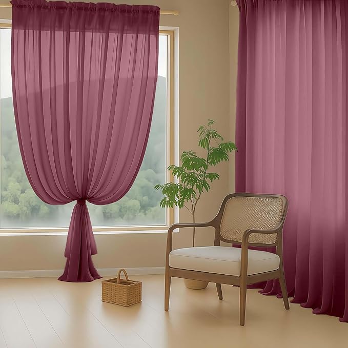 Extra Wide Sheer Curtains for Window 96 Inches Long 2 Panels Set, Elegant Light Filtering Voile Sheer Curtains for Sliding Glass Door, Dual Rod Pocket Window Drapes, Burgundy, 2x59Wx96L Inches