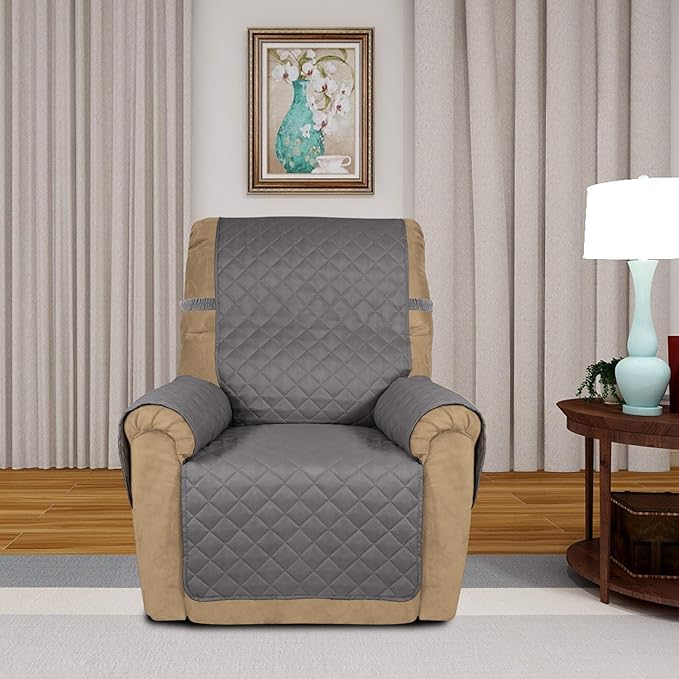 PureFit Reversible Quilted Sofa Cover, Water Resistant Slipcover Furniture Protector, Washable Couch Cover with Non Slip and Elastic Straps for Kids, Dogs, Pets (Small Recliner, Gray/Light Gray)