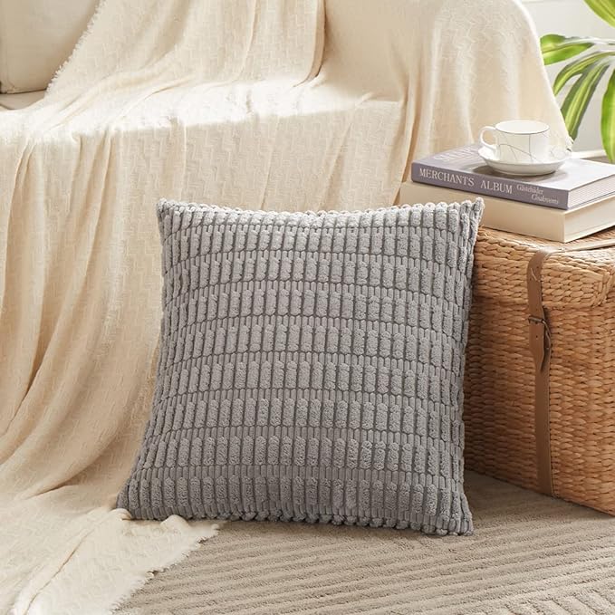 Fancy Homi 4 Packs Grey Decorative Throw Pillow Covers 26x26 Inch for Living Room Couch Bed, Rustic Modern Farmhouse Boho Home Decor, Soft Plush Corduroy Gray Cute Square Accent Cushion Case 66x66 cm