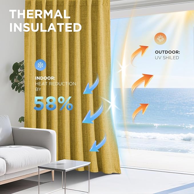 Joydeco Linen Blackout Curtains for Bedroom - 100% Light Blocking 1 Panels, Yellow Drapes 70" W x 90" L, Thermal Insulated Room Darkening Curtains for Living Room, Rod Pocket & Back Tabs