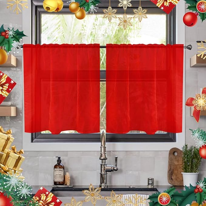 youleyar Solid Sheer Rod Pocket Curtain Voile Draperies 2 Panels White Beige Black Ivory Grey 26 Inch Width 24 Inch Long 1 Pair for Kitchen Bedroom Children Living Room Yard(Red,26W x 24L)