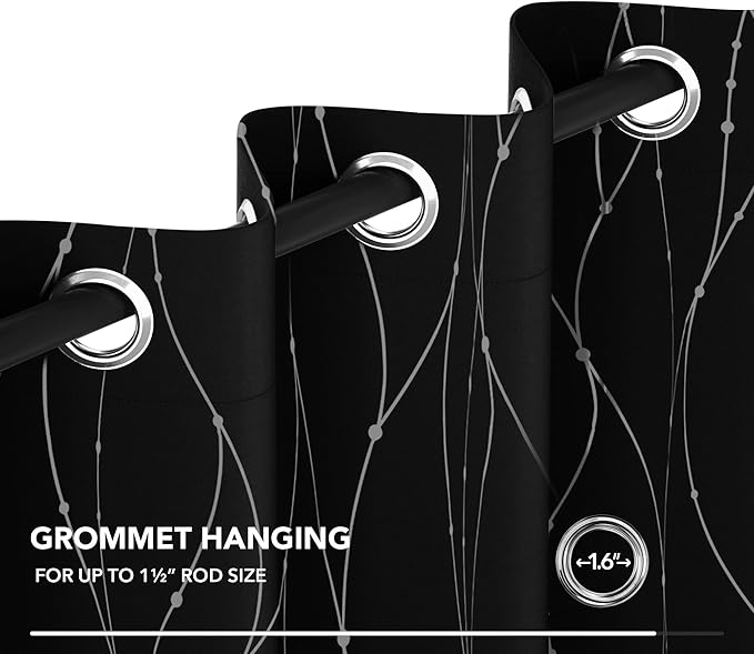 Deconovo Black Blackout Curtains, Thermal Insulated Noise‑Reduced Grommet Drapes, Wave Line Dot Foil Print, 52 x 95 Inch Long, 2 Panels, Machine‑Washable Window Curtains for Bedroom Living Room Office