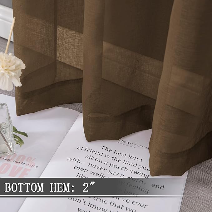 Tollpiz Short Sheer Curtain Living Room Linen Textured Curtains Sheer Light Filtering Voile Rod Pocket Curtain for Bedroom, 38 x 54 inches Long, Brown, Set of 2 Panels