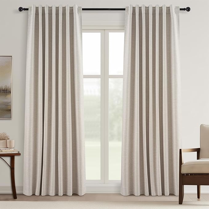 Topfinel 90 Inch Long Linen Curtains 2 Panel Set, Modern Farmhouse Black Out Rustic Curtains for Living Room, Room Darkening Tab Top Noise Reduction Textured Drape Hook&Ring Included