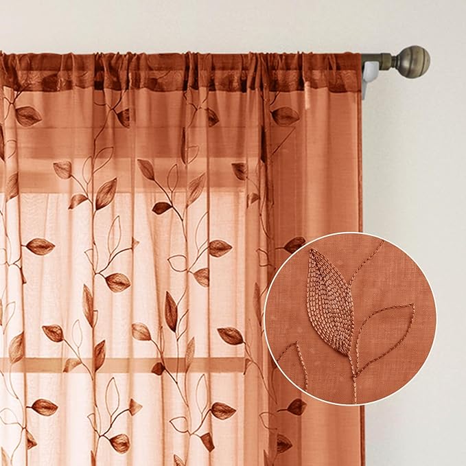 HOMEIDEAS Fall Burnt Orange Sheer Curtains 84 Inches Long 2 Panels Embroidered Floral Pattern Semi Sheer Window Curtains for Bedroom Living Room