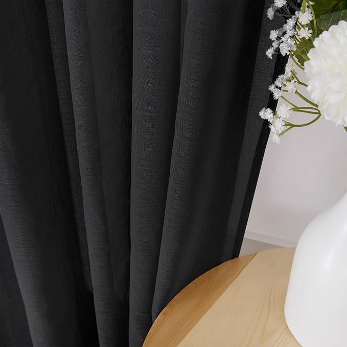 Tollpiz Sheer Tier Curtains Kitchen Linen Textured Half Curtain Sheers Light Filtering Rod Pocket Voile Bathroom Short Curtains for Farmhouse, 25 x 30 inches Long, Black, Set of 2 Panels