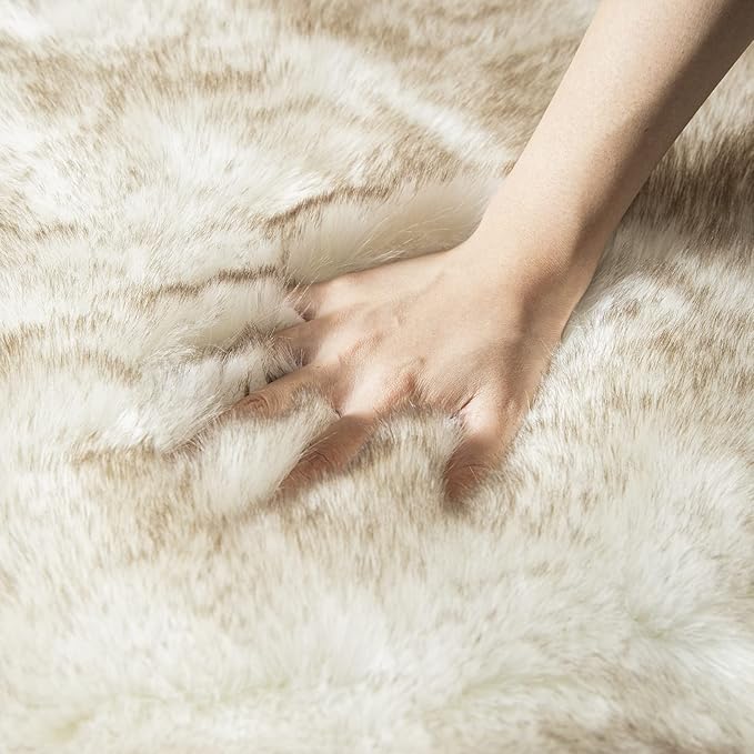 Ashler Home Deco Ultra Soft Faux Fox Fur Rug White Brown Fluffy Area Rug, Carpets Fluffy Rug Chair for Bedroom Floor Sofa Living Room 2 x 6 Feet