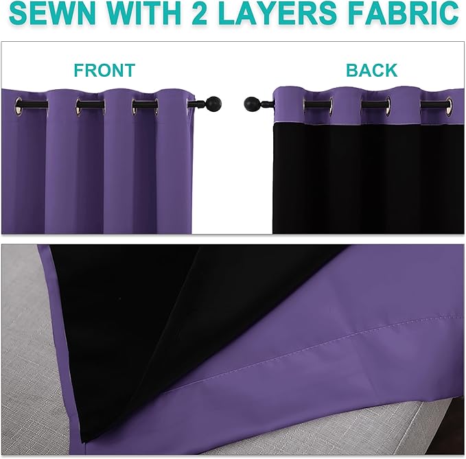 NICETOWN 100% Blackout Blinds, Set of 2, 46 inches x 102 inches, Laundry Room Decor Window Treatment Curtains for Large Patio Sliding Door, Thermal Insulated Lilac Purple Curtains for Bedroom