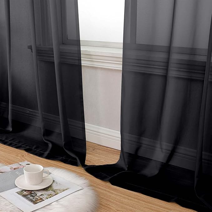 Extra Long Black Sheer Curtains for Bedroom Living Room 108 Inches Long 2 Panels Set, Solid Soft Light Filtering Rod Pocket Sheer Window Curtains, Black, Each 59" Wx108 L Inch