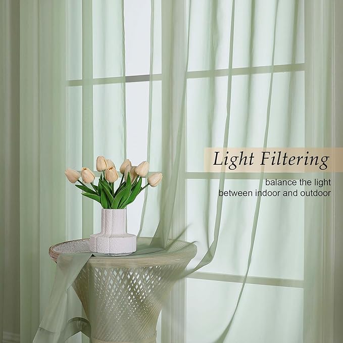 Sheer Green Curtains for Bedroom Living Room 90 Inches Long 2 Panels Set, Soft Airy Light Filtering Sheer Window Treatments, Modern Rod Pocket Curtains Drapes, Each 59" Wx90 L Inch
