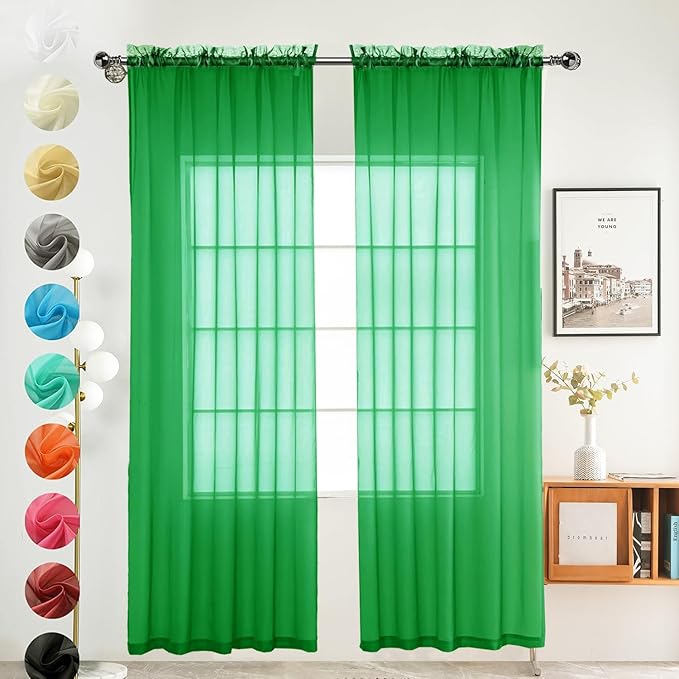 youleyar Solid Sheer Rod Pocket Curtain Voile Draperies 2 Panels White Beige Black Grey Coffee 52 Inch Width 54 Inch Long 1 Pair for Kitchen Bedroom Children Living Room Yard (Green,52Wｘ54L)