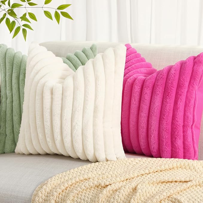 decorUhome Summer Cozy Faux Fur Throw Pillow Covers 24x24 Set of 2 Decorative Plush Striped Modern Farmhouse Boho Couch Euro Sham Pillow Cases with Velvet Back for Sofa Bed Living Room, Sage Green
