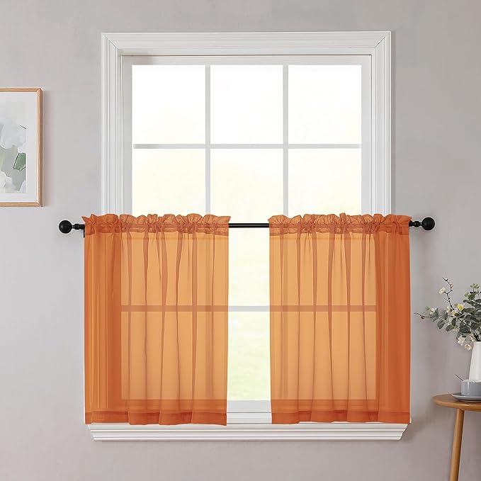 Kitchen Curtains 24 Inch Length Tier 2 Pieces, Orange Sheer Curtain Solid Soft Sheer Short Curtains for Windows, Cafe Bathroom Basement Rod Pocket Drapes, Orange, Each 42" Wx24 L Inches