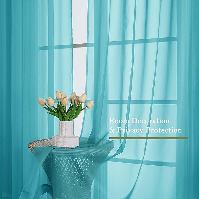 Lecloud Turquoise Sheer Curtains 96 Inches Long 2 Pcs, Light Filtering Window Curtains for Living Room Bedroom Dining Room, Vintage Home Decor Rod Pockets Privacy Drapes, Each Panel 59" W x 96" L