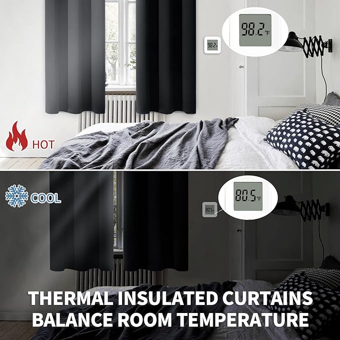 BGment Black Blackout Curtains for Bedroom 63 Inches Long, Black Out Room Darkening Light Blocking Thermal Insulated Grommet Window Drapes for Summer Heat, Each Panel 42 Inch Wide