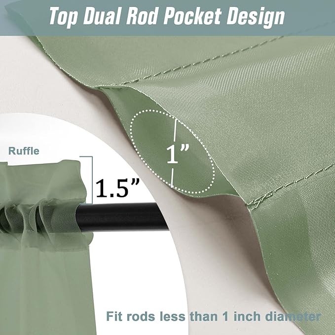 Extra Wide Sage Green Sheer Curtains for Window 96 Inches Long 2 Panels, Elegant Light Filtering Voile Sheer Curtains for Sliding Glass Door, Dual Rod Pocket Window Drapes, 2x59Wx96L Inches