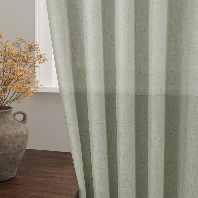 Nanspring Extra Wide Linen Curtains for Living Room 108 Inch Length for Room Divider Sage Green Rustic Farmhouse Drape Rod Pocket Back Tab Light Filtering Bedroom Window Curtain for Sliding Door