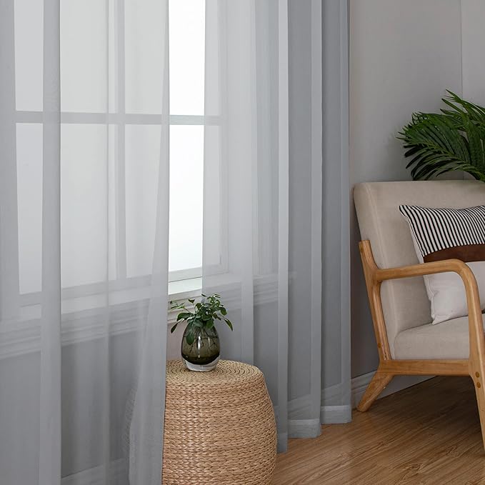 Lecloud Light Grey Sheer Curtains 90 Inches Long 2 Panels, Light Filtering Voile Airy Curtains, Elegant Transparent Solid Window Treatments with Rod Pocket for Living Room Bedroom, Each 42" W x 90" L