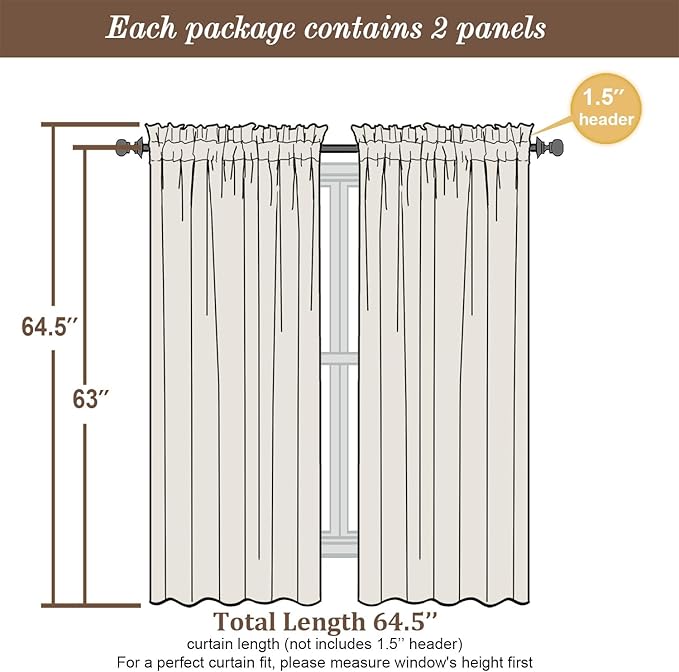 Chyhomenyc Cream Sheer Curtains 63 Inches Long 2 Panels, Light Filtering Bright Lightweight Curtains for Living Room, Soft Gentle Voile Rod Pocket Bedroom Window Drapes, 59Wx63L Inch, 2PCS