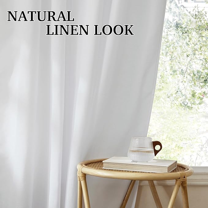 RYB HOME Living Room Curtains Linen Sheer, Light Filtering White Linen Curtains & Drapes 95 inches Long 2 Panels Back Tab Backdrop for Farmhouse Bathroom, W 52 x L 95 inches
