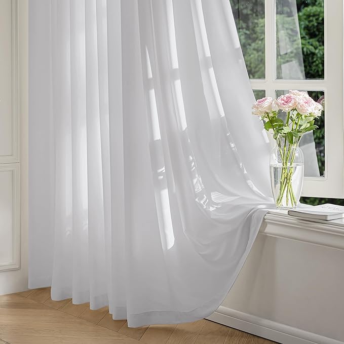 FMFUNCTEX Sheer Non-See-Through Grey Curtains for Bedroom, Faux Silk that Let Light Curtains 108 inches Long Light Filtering Privacy Sheer Window Drapes for Living Room, Rod Pocket 2 Panels Set