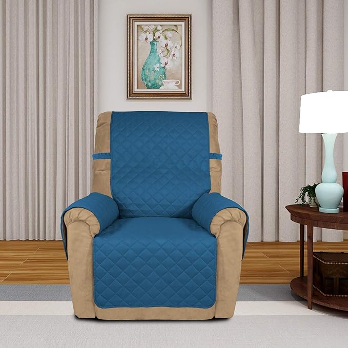 PureFit Reversible Quilted Sofa Cover, Water Resistant Slipcover Furniture Protector, Washable Couch Cover with Non Slip and Elastic Straps for Kids, Dogs, Pets (Small Recliner, Peacock Blue/Beige)