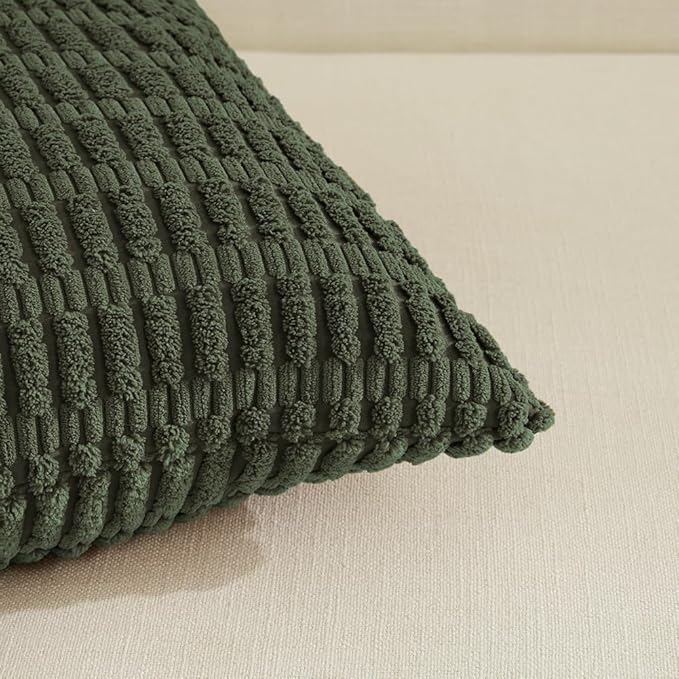 Fancy Homi 4 Packs Boho Olive Green Decorative Throw Pillow Covers 26x26 Inch for Couch Bed Sofa, Rustic Modern Farmhouse Home Decor, Soft Plush Corduroy Cute Square Cushion Case 66x66 cm