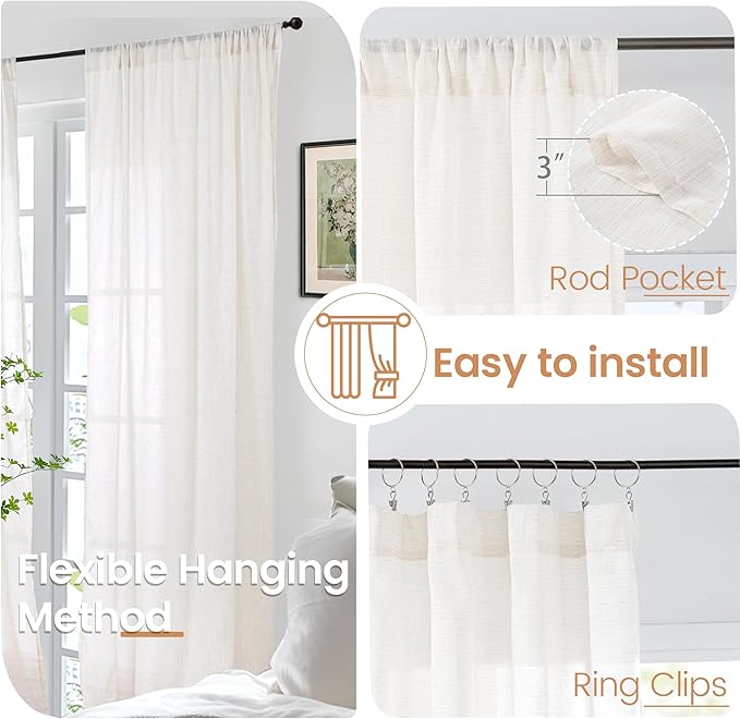 BGment Small Linen Curtains 36 Inch Length for Cafe Window, Half Drapes Lightweight Semi Sheer with Rod Pocket for Front Door Kitchen Window Over Sink, 2 Panels Set, 24 Inch Wide Each Panel