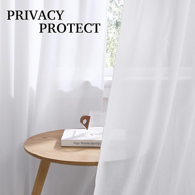 RYB HOME Extra Long Linen Sheer Curtains 108 inches Long, White Aesthetic Light Filtering Airy Half Privacy Floor Sweeping Draperies for Sunroom, W 52 x L 108 inches, 2 Pcs