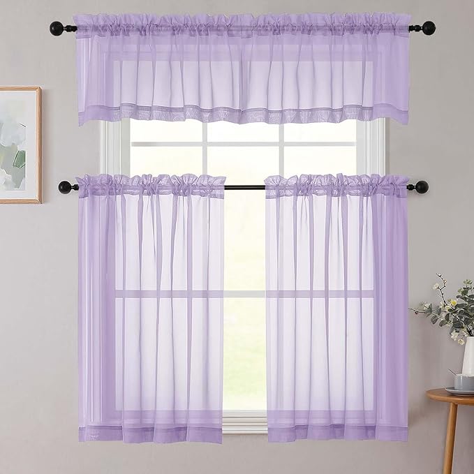 Cafe Curtains 36 Inch Length Tier 2 Pieces, Modern Soft Airy Sheer Kitchen Short Curtains for Small Window, Rod Pocket Small Curtain for Bathroom Basement, Lavender, Each, 42" Wx36 L Inches