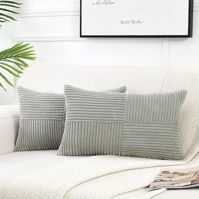 Fancy Homi 2 Packs Grey Lumbar Decorative Throw Pillow Covers 12x20 Inch for Living Room Couch Bed Sofa, Rustic Farmhouse Boho Home Decor, Soft Striped Corduroy Rectangle Accent Cushion Case 30x50 cm