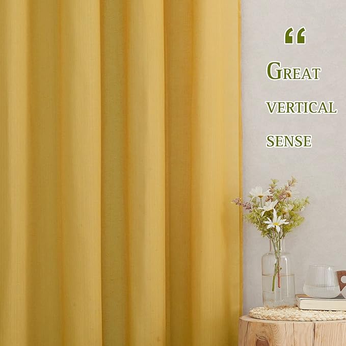 NICETOWN Semi Sheer Gold Curtains 96 inches Long, Grommet Linen Weave Vintage Vertical Drapes Privacy with Light Filtering for Living Room/Farmhouse, Citrine, 2 Panels, W52 x L96