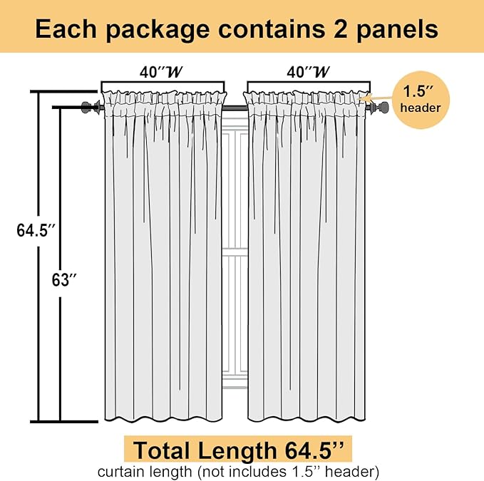 Lecloud Dusty Blue Sheer Curtains 63 Inch Length 2 Panels, Light Filtering Voile Curtain Drapes for Kitchen Bedroom Windows, Dual Rod Pocket Living Room Sheer Curtains, 40 W x 63 L Inches