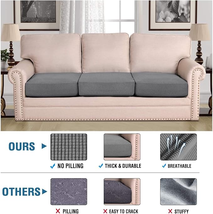 H.VERSAILTEX Super Stretch Individual Seat Cushion Covers, Thick Jacquard Textured Twill Fabric (3 Piece XL Sofa Cushion Covers, Grey)