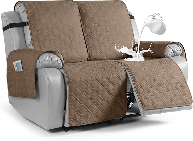 VANSOFY Waterproof Recliner Couch Covers, Sofa Covers 1-Piece Washable Reclining Sofa Cover Non-Slip Furniture Protector with Elastic Straps Pocket for Dogs, Pets(Light Brown,2 Seater)