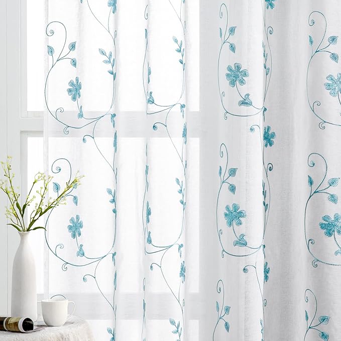 HOMEIDEAS White and Blue Embroidered Floral Sheer Curtains 96 Inches Long 2 Panels Flower Pattern Semi Sheer Window Curtains for Bedroom Living Room