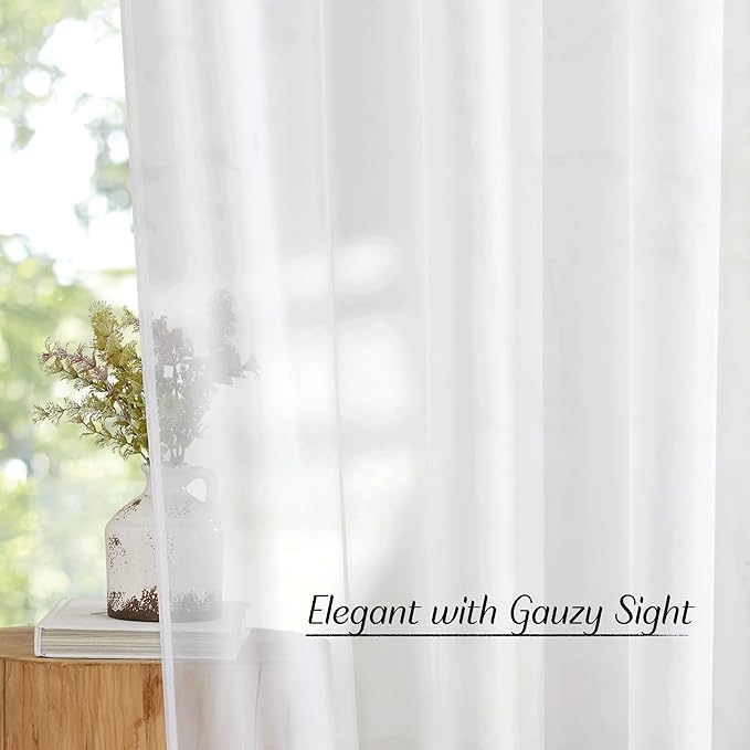 NICETOWN Sheer Curtains Panel 72" Long - Ring Top Window Treatment Sheer Voile Drapes for Bedroom/Living Room (White, Set of 2, W54 x L72)