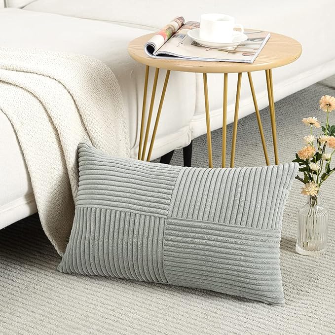 Fancy Homi 2 Packs Grey Lumbar Decorative Throw Pillow Covers 12x20 Inch for Living Room Couch Bed Sofa, Rustic Farmhouse Boho Home Decor, Soft Striped Corduroy Rectangle Accent Cushion Case 30x50 cm