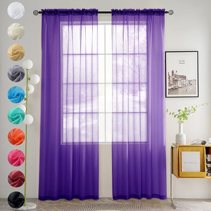 youleyar Solid Sheer Rod Pocket Curtain Voile Draperies 2 Panels White Beige Black Grey Coffee 52 Inch Width 84 Inch Long 1 Pair for Kitchen Bedroom Children Living Room Yard (Purple,52Wｘ84L)