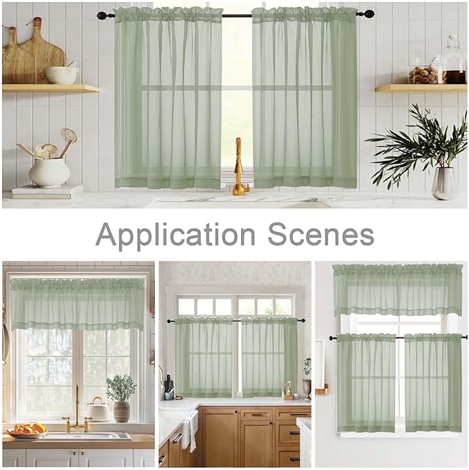 Cafe Curtains 36 Inch Length Tier 2 Pieces, Modern Soft Airy Sheer Kitchen Short Curtains for Small Window, Rod Pocket Small Curtain for Bathroom Basement, Sage Green, Each, 42"Wx36"L Inches