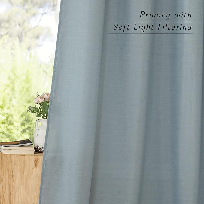 NICETOWN Thick Linen Blend Curtains Flax Textured for Bedroom, Rustic Grommet Semi Sheer Privacy Added Window Curtains & Drapes Light Filtering for Nursery, Stone Blue, W42 x L63, Set of 2