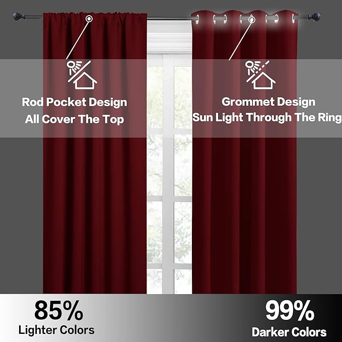 RYB HOME Blackout Curtains for Bedroom Living Room 63 inches Long, Thermal Insulated Privacy Rod Pocket Drapes for Nursery Office Home Theater, Width 42 by Length 63, Burgundy Red, 2 Panels