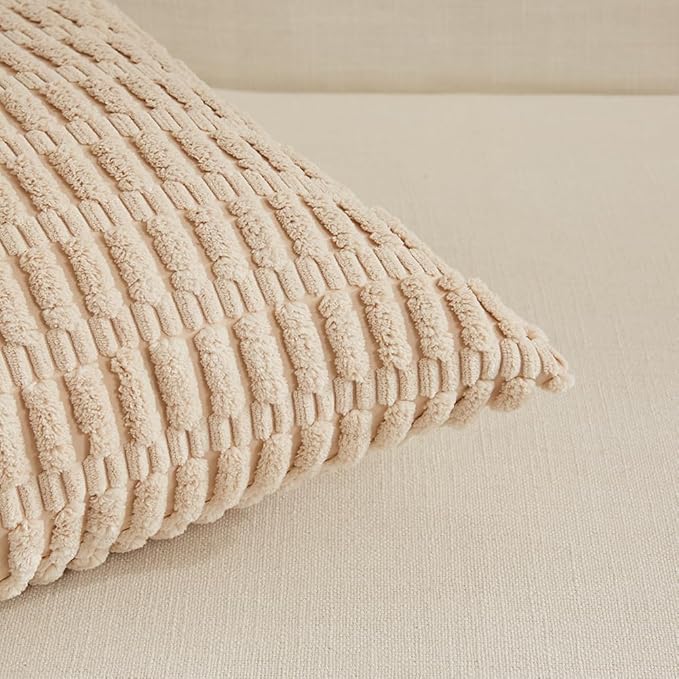 Fancy Homi 4 Packs Neutral Euro Decorative Throw Pillow Covers 28x28 Inch for Couch Bed Sofa, Rustic Farmhouse Boho Home Decor, Soft Plush Striped Corduroy Square Cushion Case 71x71 cm